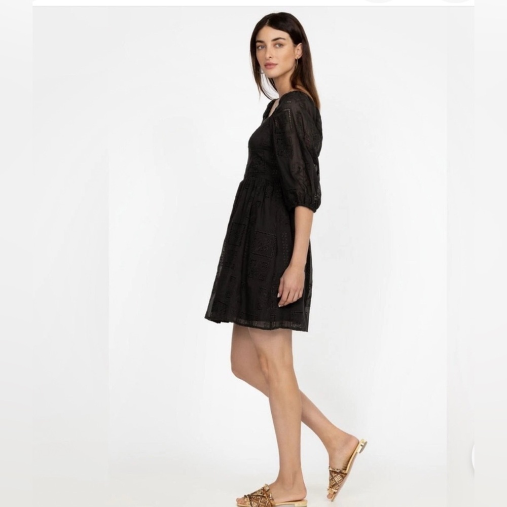 Johnny Was Ella Black Silk Blend Mini Dress XS Puff Sleeve Boho milkmaid